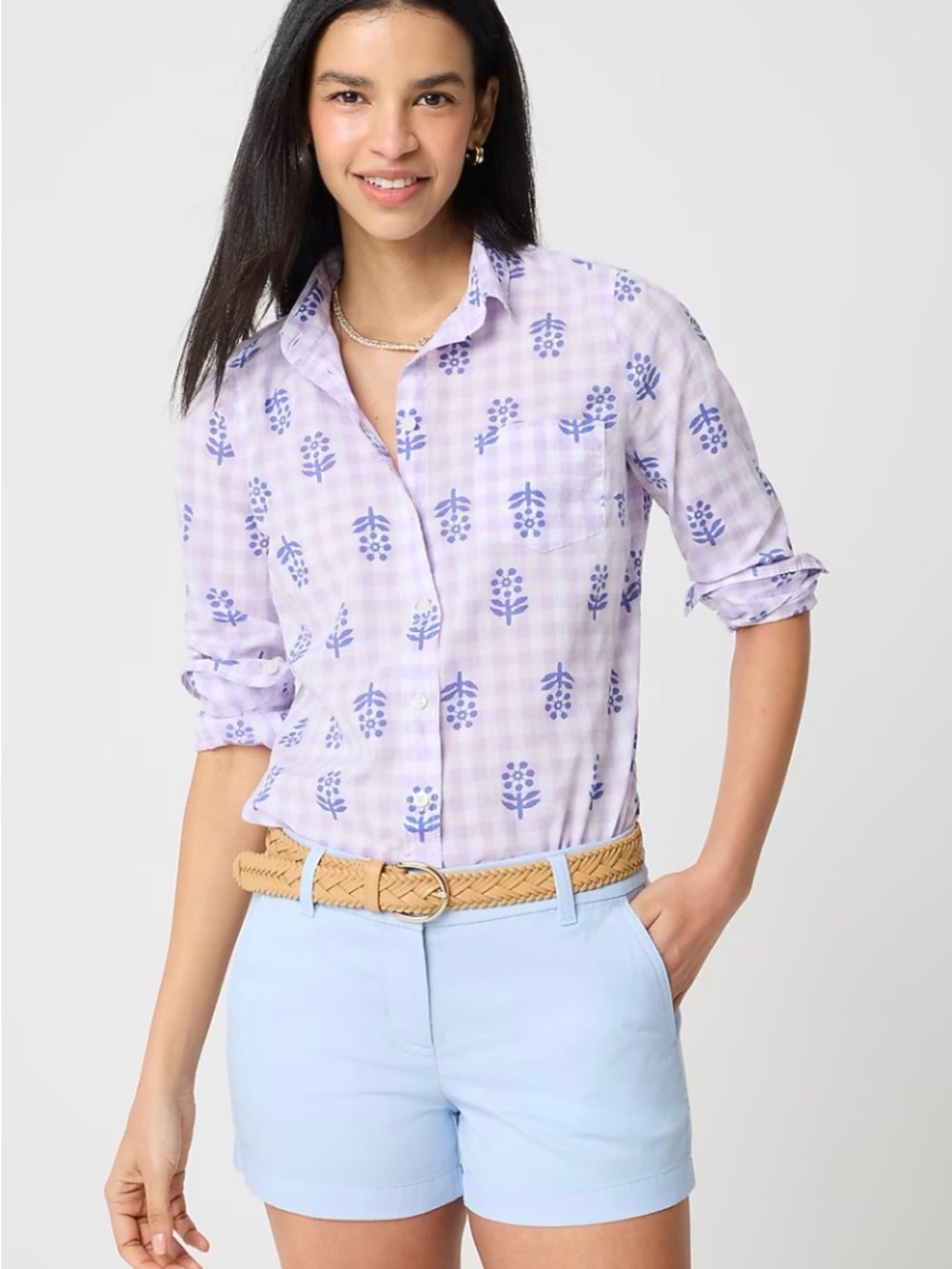 J. Crew Lavender Gingham Button-Down with Blue Floral Print